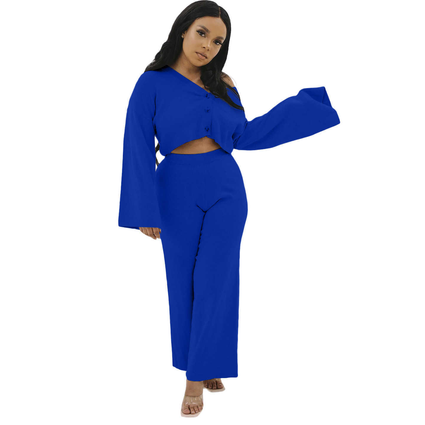 Women's Two Piece Pants women autumn and winter fashion loose two piece set leisure home set wide leg pants loose sleeve set