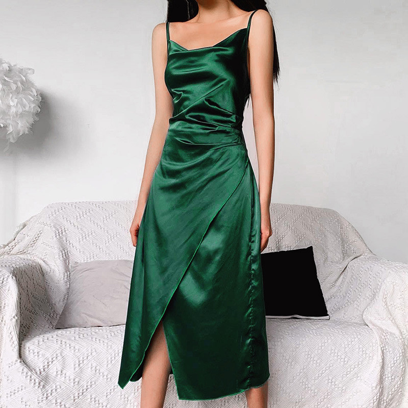 CNYISHE Summer Satin women Midi Dress Strap Side Slit Backless Sexy Streetwear Dresses Elegant A-line Party Clothes Vestido 210419