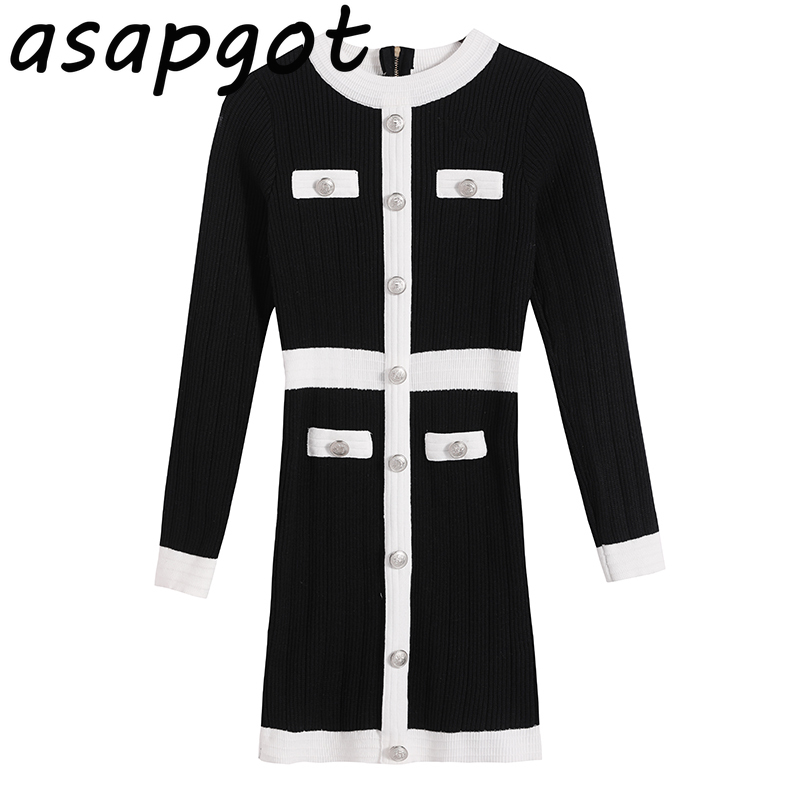 Dress Autumn Retro High Waist Mini Slim O Neck Full Single-breasted Knitted Black White Contrast Wrap Hip Bodycon Vestido 210429