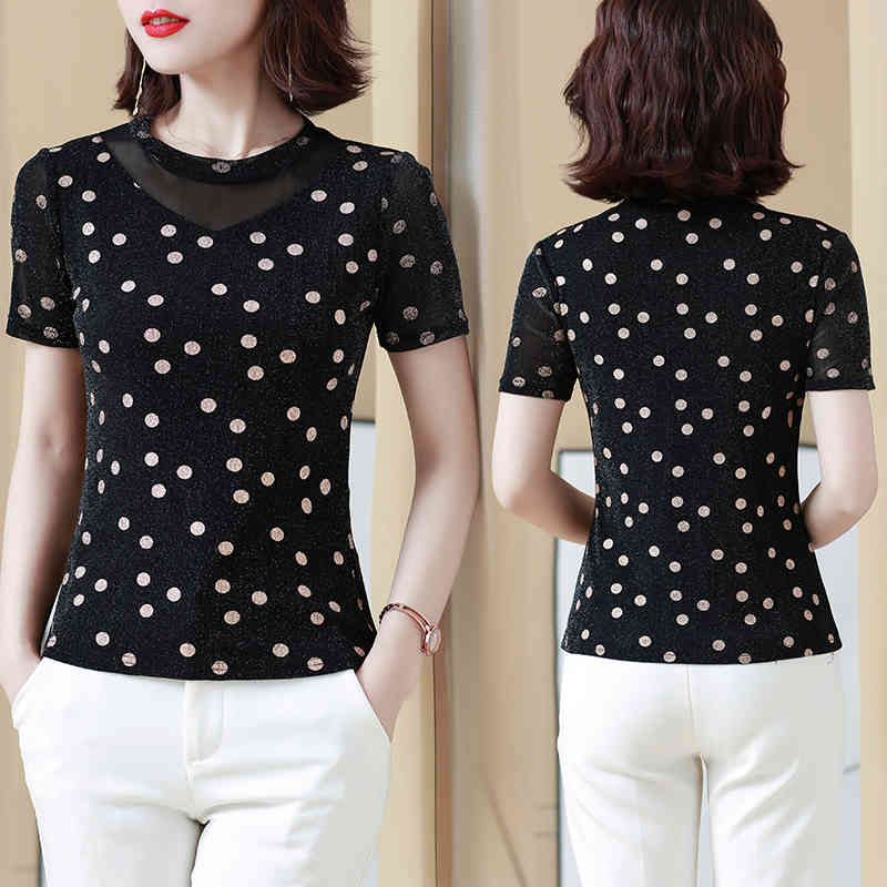 Summer Short-Sleeve Shirts Women Casual Polka Dot Mesh Tops Blouse Plus Size 4XL Pullover Clothes Blusas 9157 50 210506