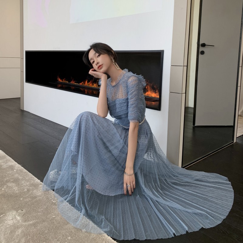 High Quality Mesh Runway Dress Summer Vintage Elegant O neck Blue Polka Dot Long es for Women With Beading Belt 210506