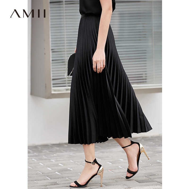 Minimalism Summer Women's Skirt Fashion Solid Pleated Calf-length Black Causal Chiffon 12130275 210527