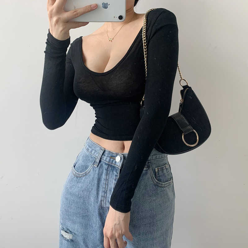 WOMENGAGA Round Neck Low Chest Big Bust Solid Color Perspective Mesh Thin Basic Elasticity Long Sleeve T-shirt Tops Q88V 210603