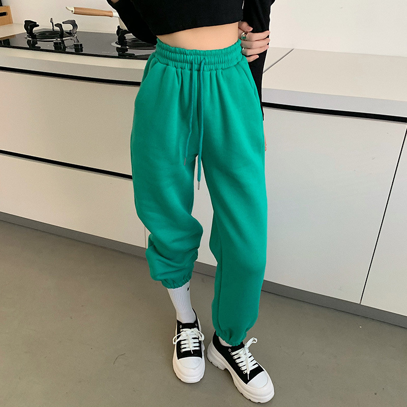 OL Elastic High Waist Pants Women Fashion Autumn Winter Solid Sportwear Casual Plush Thick Sweatpants Loose Trousers 210421