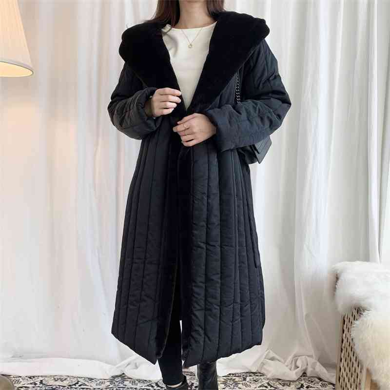 Winter Korean Thicken Faux Mink Hooded Women Long Coat Full Sleeve Belted Warm Fashion Elegant Ladies Parka Outercoat 210514