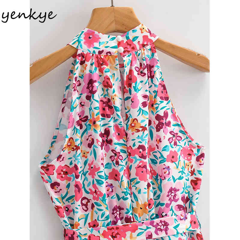 Multicolor Floral Print Halter Dress Women Sexy Sleeveless Sashes A-line Short Vestido Mujer Holiday Summer Beach Dresses 210430