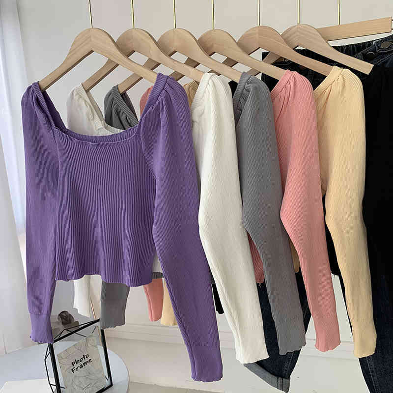 Vintage Puff Sleeve Cropped Knitted Sweater Women Korean Chic Solid All Match Stretch Slim Knitwear Spring Jumper 210519