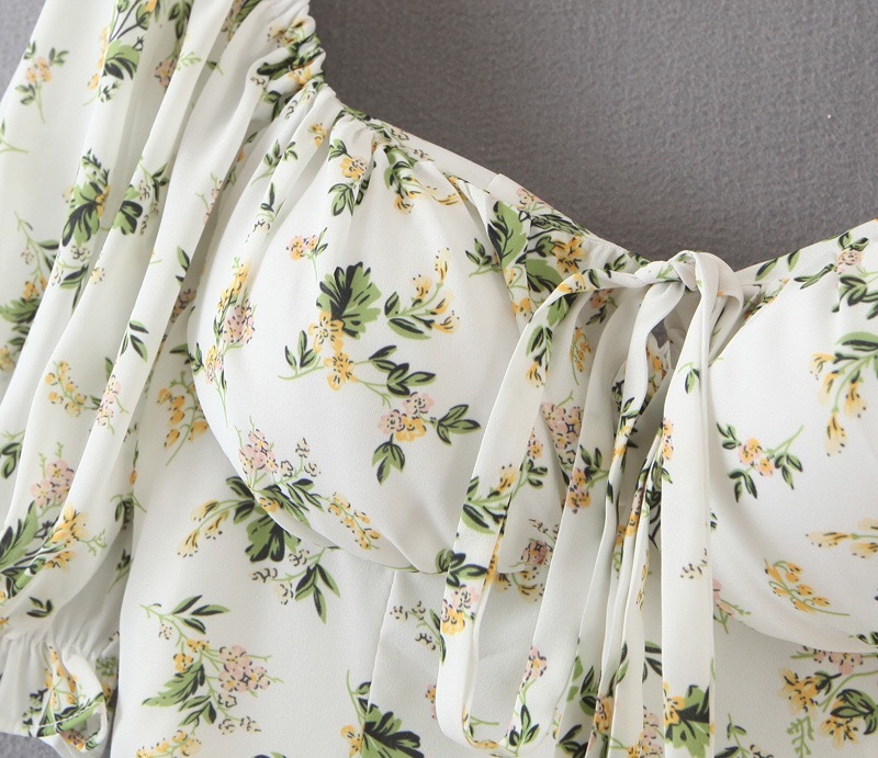 France Style Vintage Bandage Bow Square Collar Puff Sleeve Floral Women Dress Retro Slim Package Hips Mini Short Dresses Holiday 210429