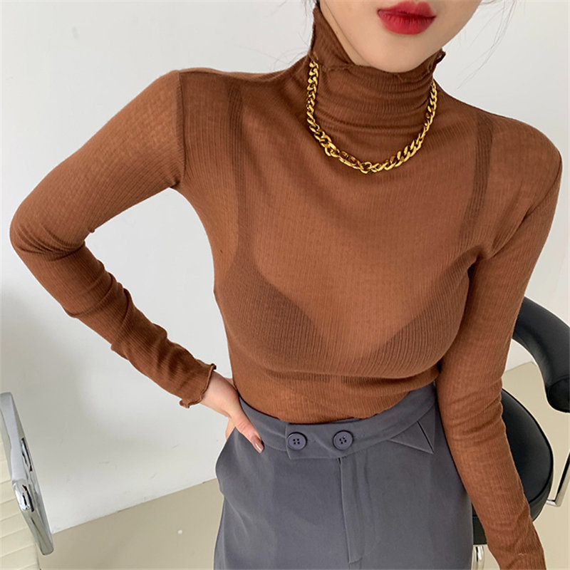 Brief Tops Ruffles Full Sleeves Plus Size Female All Match Turtleneck Solid Basic Women Autumn Slim T-Shirts 210421