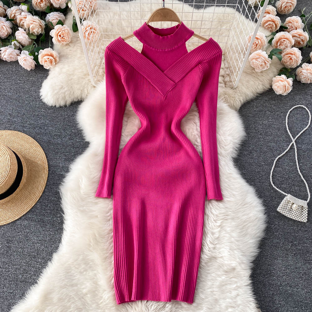 New design womens o-neck candy color off shoulder sexy bodycon tunic knitted knee length dress
