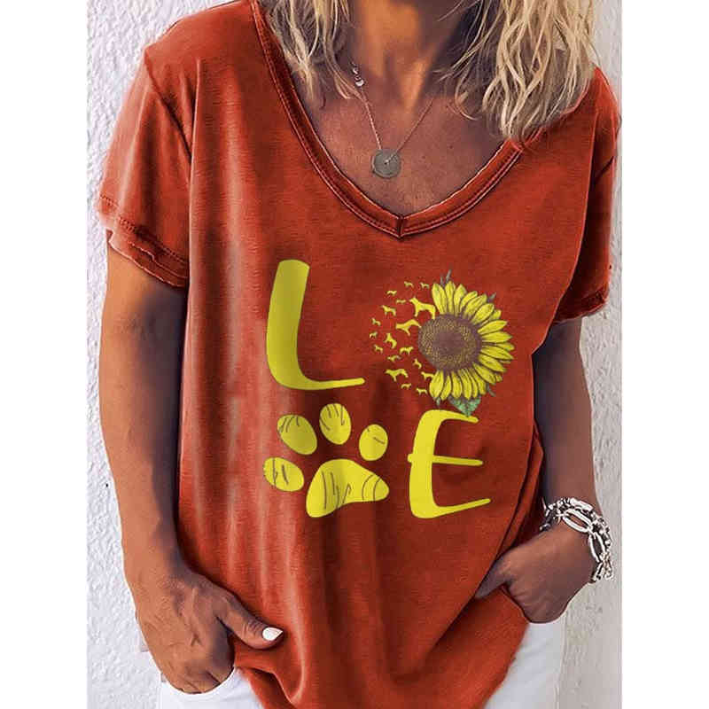 LOVE Cute Print T-shirts Women Summer Tops for Women Ladies Graphic Tshirt V-neck Short Sleeve t-shirt for women 210515