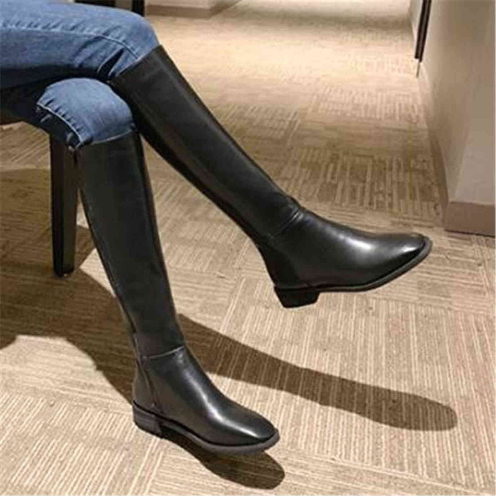 Leather Women Knee High Boots Square Toe Zip Footwear Low Heels Female Riding Boot Woman Long 211104