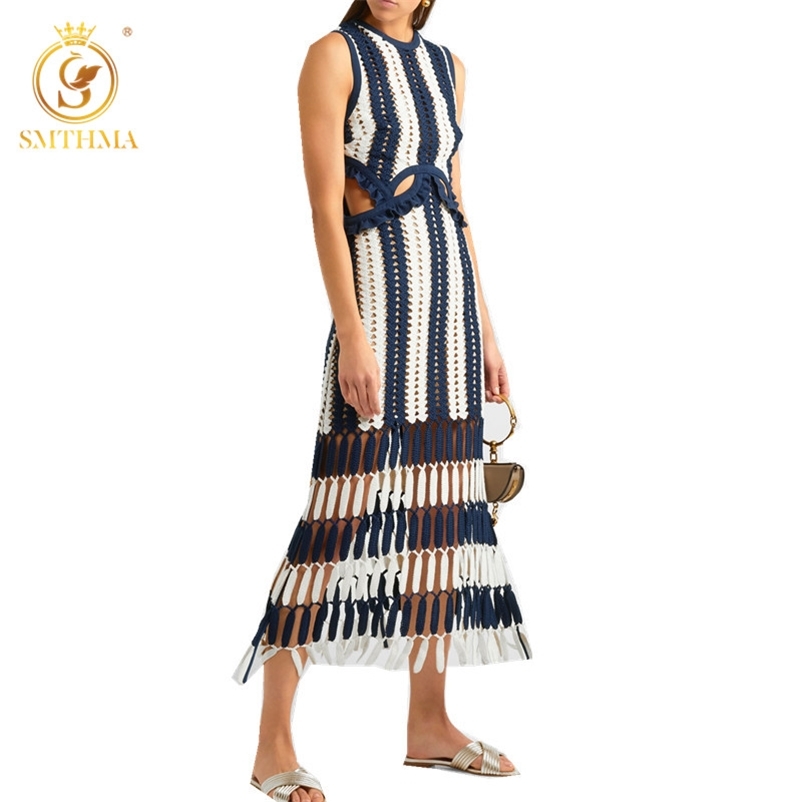 HMA High Quality Newest Fashion Knitted Tank Dress White Blue Patchwork Striped Beach Dresses Women Summer Maxi Long Dresses 210331Z