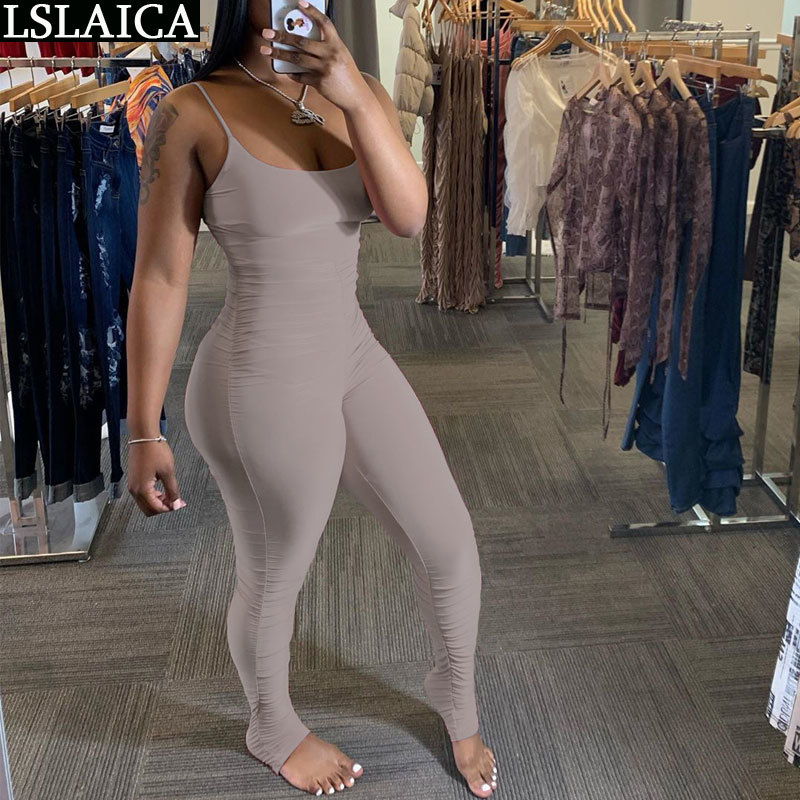 Fashion jumpsuit women solid color spaghetti straples knitted hollow out bodysuit sexy elegant casual streetwear 210520