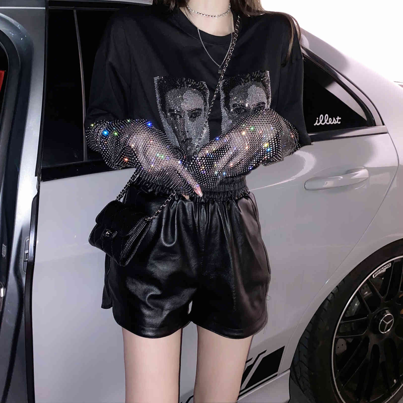 Glitter Diamond Mesh Black T Shirt Oversized Korean Black Sexy T-shirt Women Summer Tee Shirt Harajuku Tshirts 210518