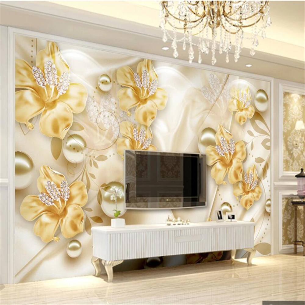 Customized large murals fashion home decoration gold jewelry flowers 3D beautiful TV background wall wallpaper