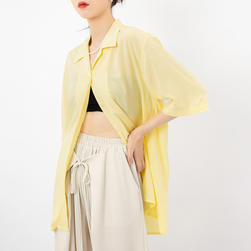 Simple Yellow Blouse Women's Summer Lapel Single Breasted Short Sleeve Purple Shirt Female Fashion 5E315 210427