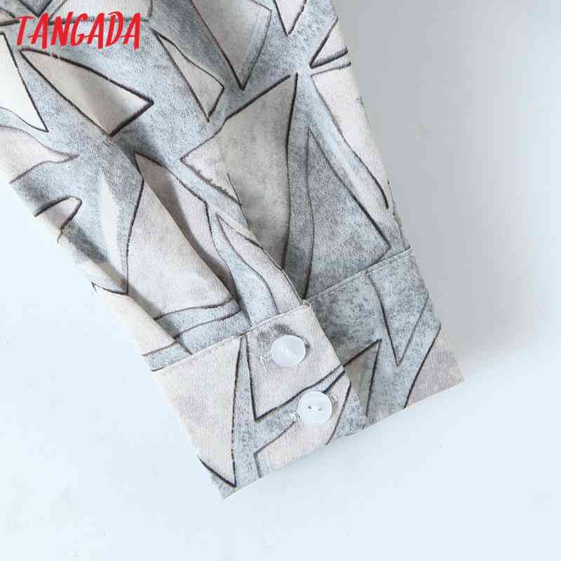 Women Retro Geometry Print Crop Long Sleeve Chic Female Loose Shirt Tops QW91 210416