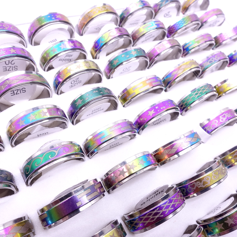Wholesae 100PCs Lot Stainless Steel Spin Band Rings Rotatable Multicolor Laser Printed Mix Patterns Fashion Jewelry Spinner Party