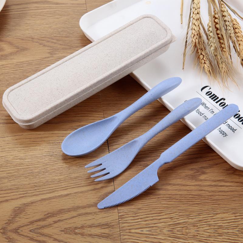 Dinnerware Sets 3pcs/set Portable Travel Cutlery Box Wheat Straw Knife Fork Spoon With Case Student Utensils For Kids Free shipping