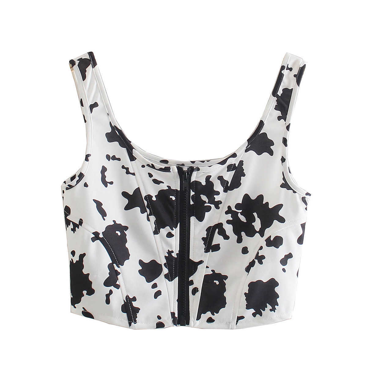 Women Summer Crop Top Cow spots Zip Up Casual Fashion Sexy Chic Lady Woman Camisole Tank Top 210709