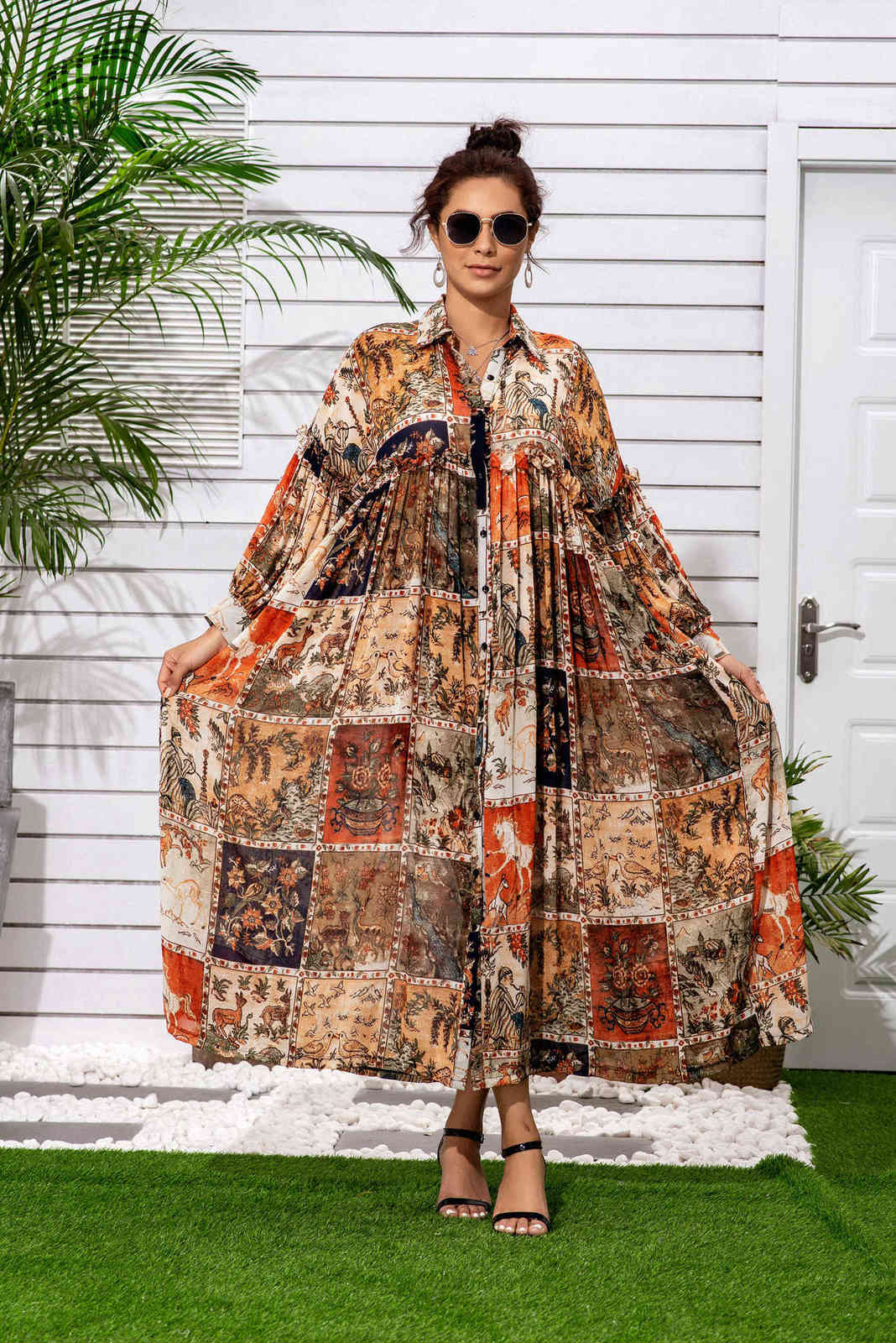 Original Gold Silk Thread Chiffon Printing Long Lantern Sleeves Lace Loose Bohemian Turn Down Collar Shirt Dresses Two Wear 210615
Original Gold Silk Thread Chiffon Printing Long Lantern Sleeves Lace Loose Bohemian Turn Down Collar Shirt Dresses Two Wear 210615
