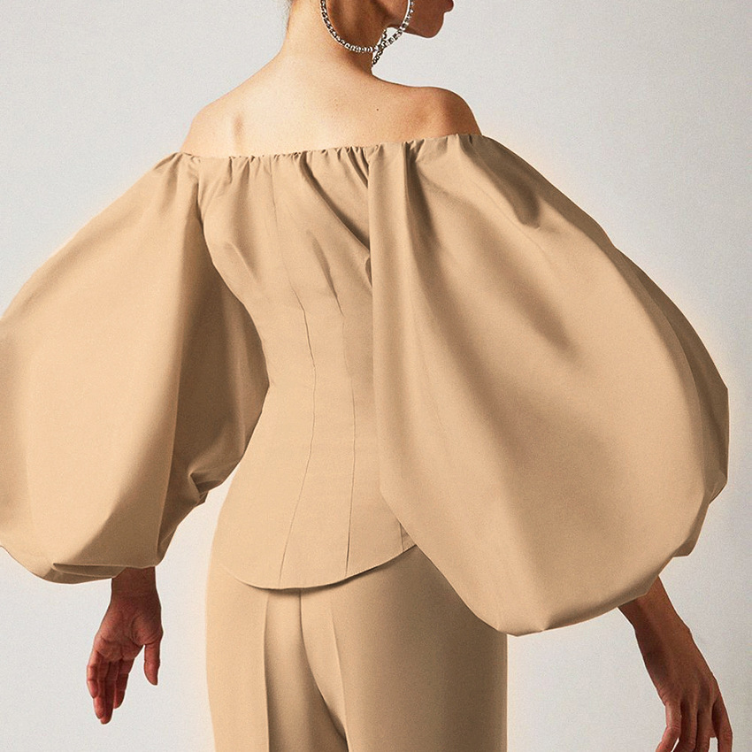 Foridol Off Shoulder Lantern Sleeve Vintage Place Blouse Tops Spring Autumn Chic Runway White Tops Button Slim Top 210415