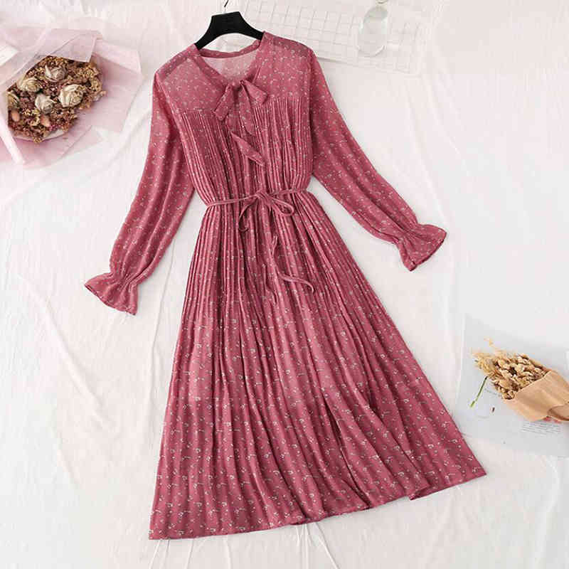 Floral Print Chiffon Dress Women Spring Summer Loose Long Sleeve Ruffles Pleated Long Dress Bow Vintage Femme Vestidos 210521