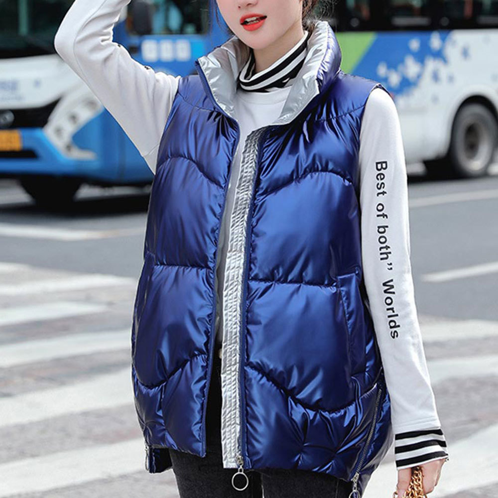 Winter Plus Size Waistcoat Korean Stand Collar Shiny Sleeveless Vests Casual Down Coat Cotton Padded Thick Outwear 210428