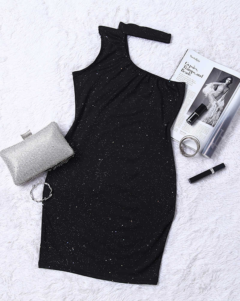 Summer Women Glitter Choker Sleeveless Cut Out Bodycon Dress Sexy One Shlulder Black Party Club Slinky Mini Dress 210716