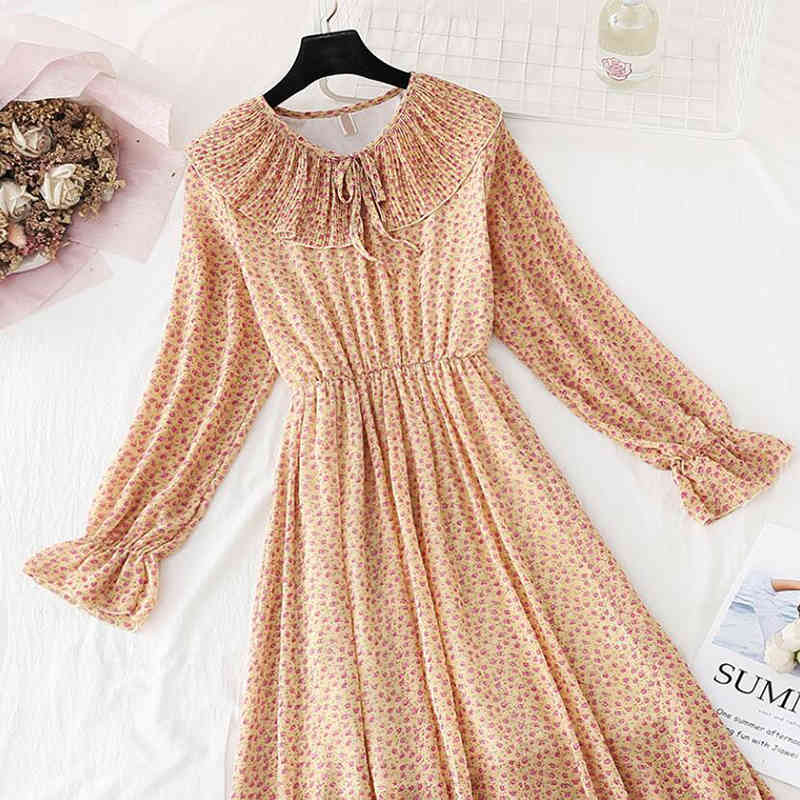 Spring Summer Vintage Print Long Sleeve A-Line Dress Women Sweet Doll Collar Mid-Calf Chiffon Dress Elegant Ruffles Dresses 210521