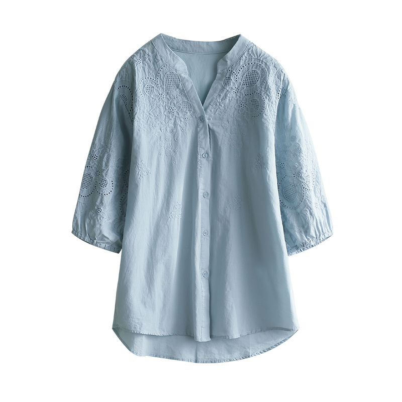 Summer Style Women Tshirt Plus Size Hollow Out Embroidery Vintage Cotton V-neck Tee Shirt Femme Puff Sleeve Loose Tops XMM1 210512