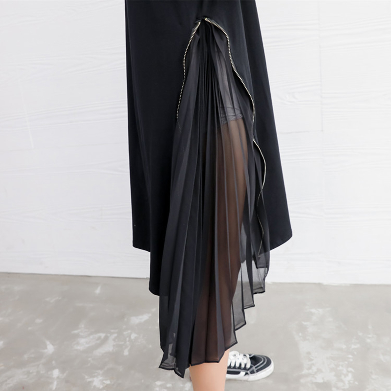 Spring Summer Woman New Black Color Short Sleeve O-neck Long Loose Spliced Pleated Chiffon Irregular Dress LI435 210331