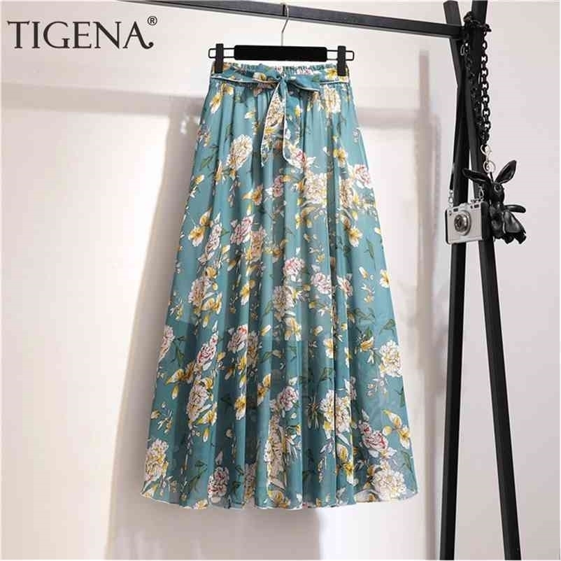 TIGENA Floral Print Chiffon Long Skirt Women Fashion Summer Belt A Line High Waist Pleated Female Aesthetic 210621