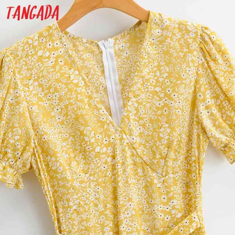 Women Summer Flowers Print V Neck Short Sleeve Ladies Midi Dress 1F92 210416