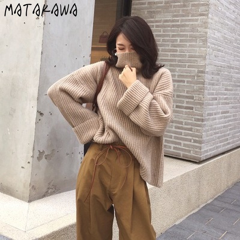 MATAKAWA Japanese Fashion Turtleneck Women's Sweater Loose Outer Wear Korean Thick Knit Sweaters Top 210513