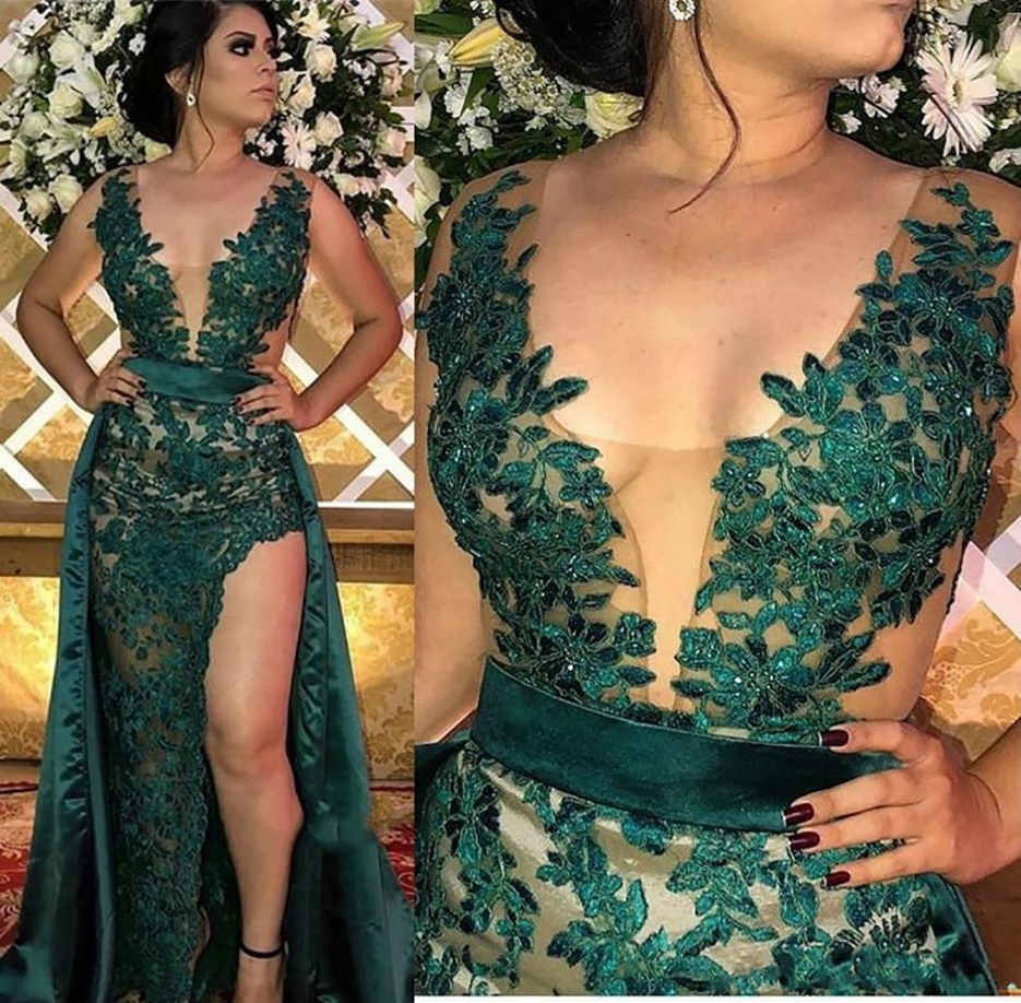 Hunter Green Split Evening Dresses With Detachable Skirt Sheer Illusion Bodice Appliqued Long Arabic Party Gowns Prom Wear