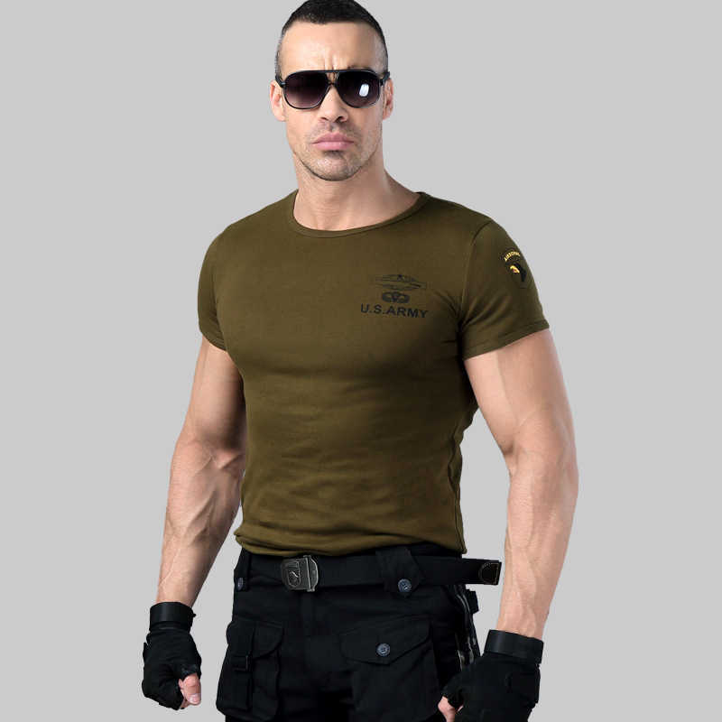 Men's Army T Shirt Summer Military Cotton T-shirt Body Sculpting Short Sleeve High Elasticity Stretch Slim Fit Male Tshirt 210707