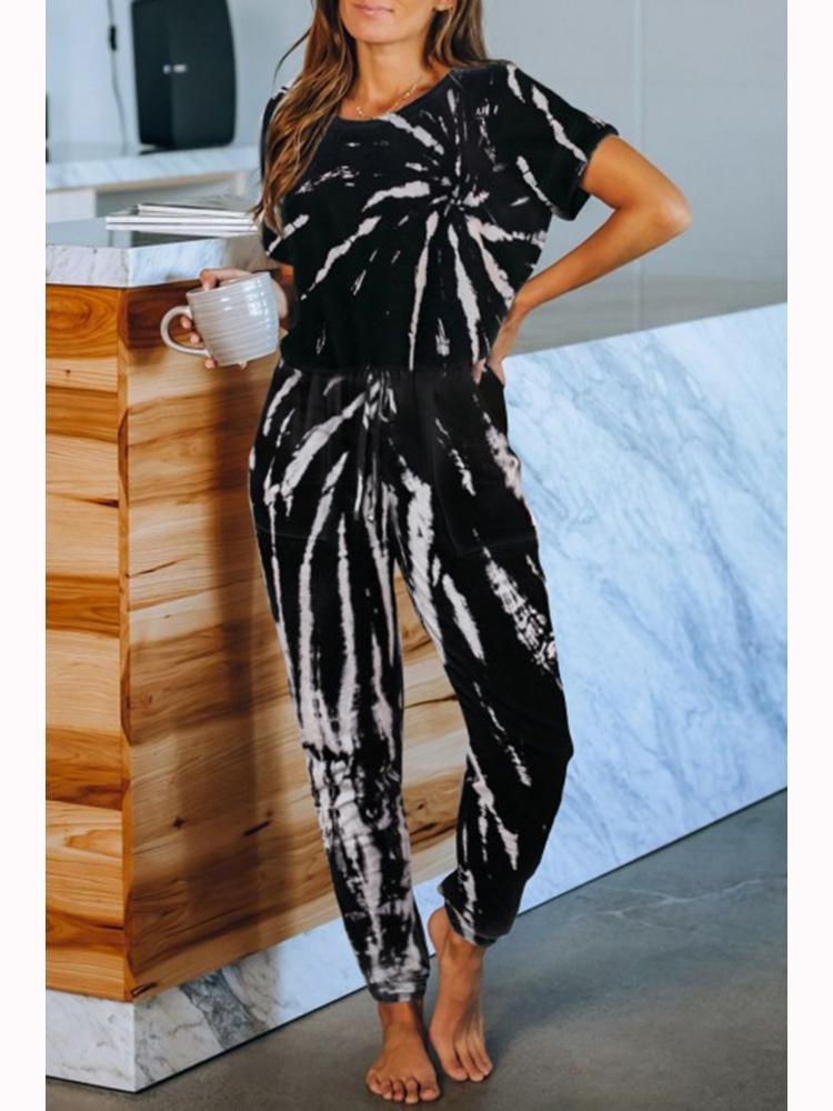 Love Aing 2021 Summer Women's Tie-dye Printing Pajamas Casual Short-sleeved Drawstring Nine-point Pants Suit Home Service Two Piece Dress