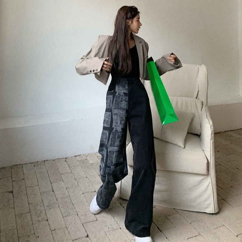 Women Harajuku Contrast Color Jeans Woman High Waist Patchwork Wide Leg Trousers Ins Streetwear Casual Denim Pants 210519