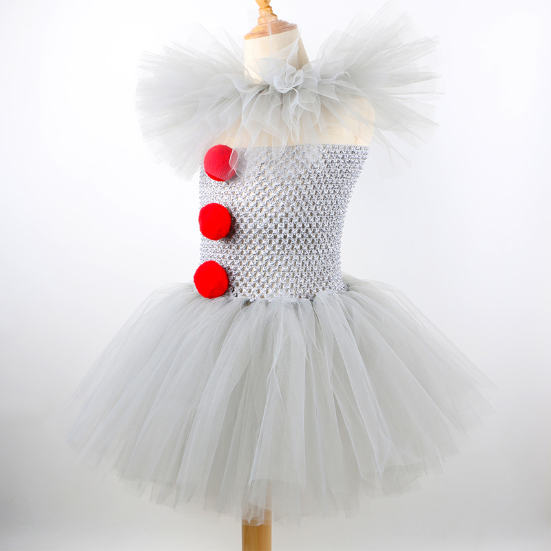 Joker Pennywise Cosplay Costume for Girl Halloween Party Herror Clown Dress Up Kids Fancy Tutu Dress Clothes with Collar Hairpin 220225