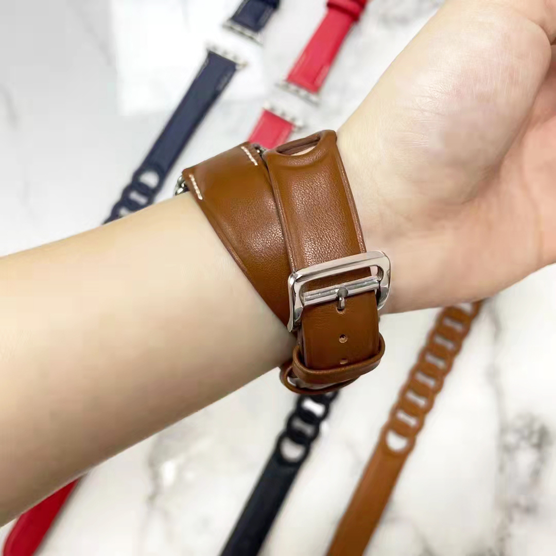 Gourmette Leather Double Tour Strap band Compatible with Watch 7 45mm 41mm correa 42 38mm bracelet iwatch series 6 5 4 3 Se 44mm 40mm