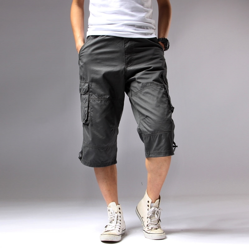 Long Length Cargo Shorts Men Knee Pocket Casual Cotton Elastic Waist Bermudas Male Military Style Summer Breeche Army 210518