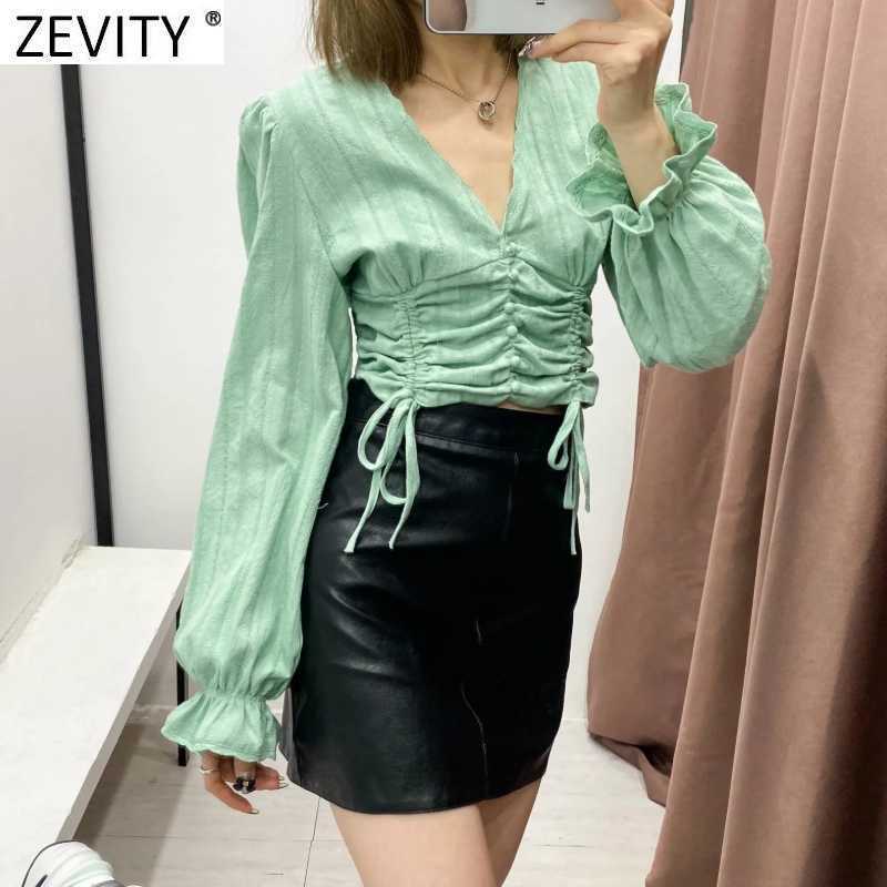 Zevity French Women V Neck Solid Short Smock Blouse Femme Lantern Sleeve Ruffles Casual Shirt Chic Slim Blusas Crop Tops LS9328 210603