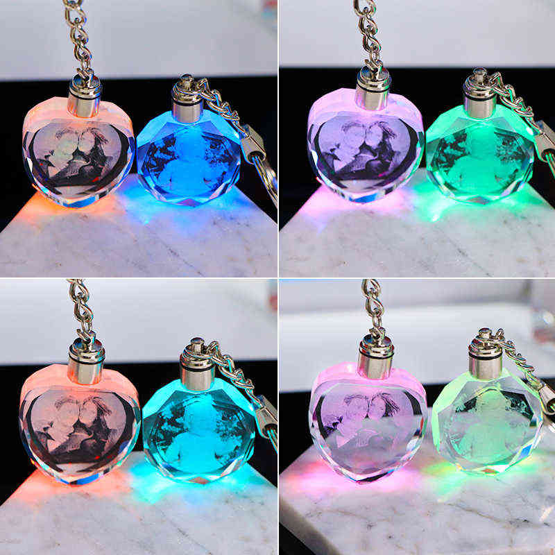 Custom K9 Crystal Key Chain Personalized Photo Pendant Picture Key Ring Trinket Laser Engraved LED Light Keychain Unique Gift H1126