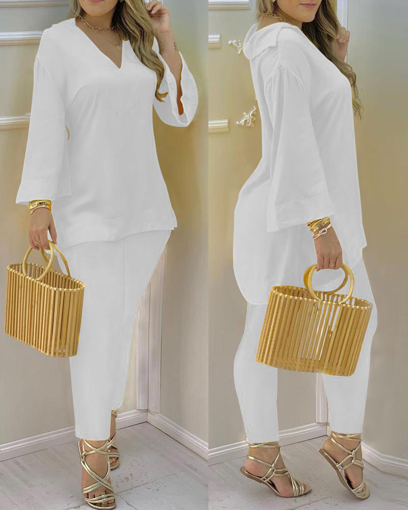 Spring Autumn Women 2Pcs Plain Bell Sleeve V-Neck Top & Pant Set Lady Casual Long Sleeve Solid Blouse & Trousers Suit Set 210415