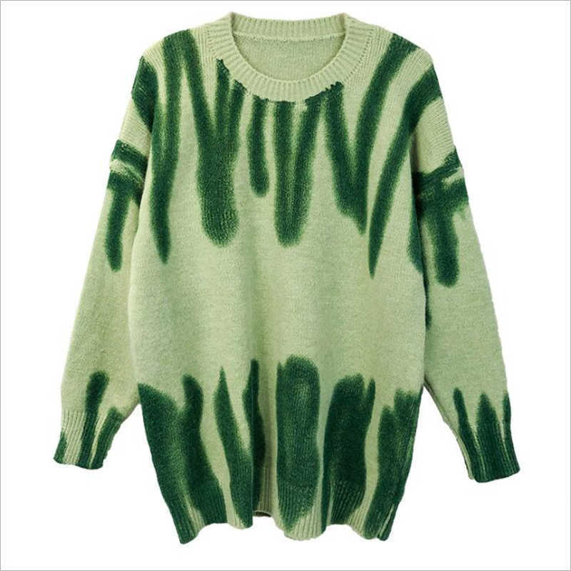 Elegant Green Striped Print Oversized Pullovers Women Winter O-Neck Loose Long Sweaters Streetwear Warm Outerwear 8 Colors 210918