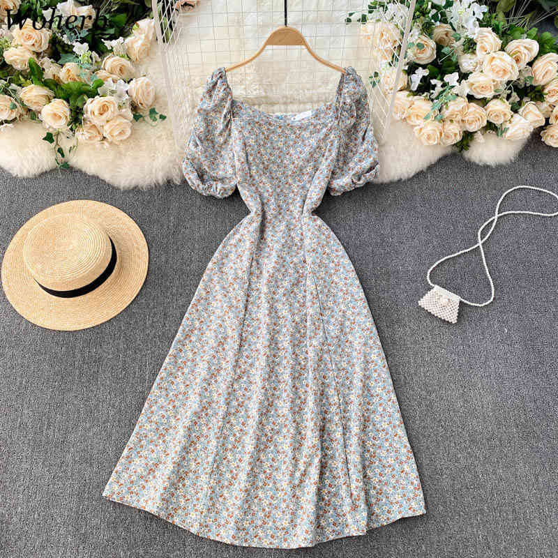 Women Floral Print Dress Summer Sexy Square Collar Korean Chic Dresses Ladies Elegant Vintage Midi Vestido De Mujer Robe 210519