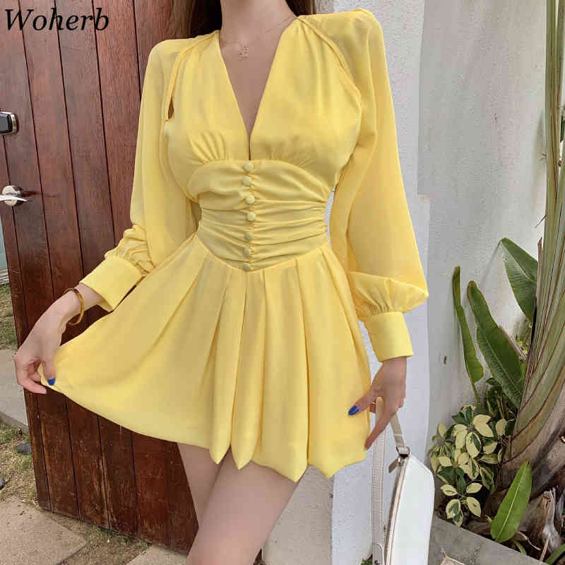 Summer Korean Yellow Mini Dress Women Pleated High Waist V-neck Beach Holiday Party Elegant Dresses Robe Femme 210519
