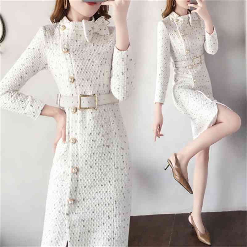 Arrival Winter Runway Long Sleeve Tweed Dress Autumn Chic Women Elegant Slim Vintage Casual Woolen Dresses Vestidos 210515